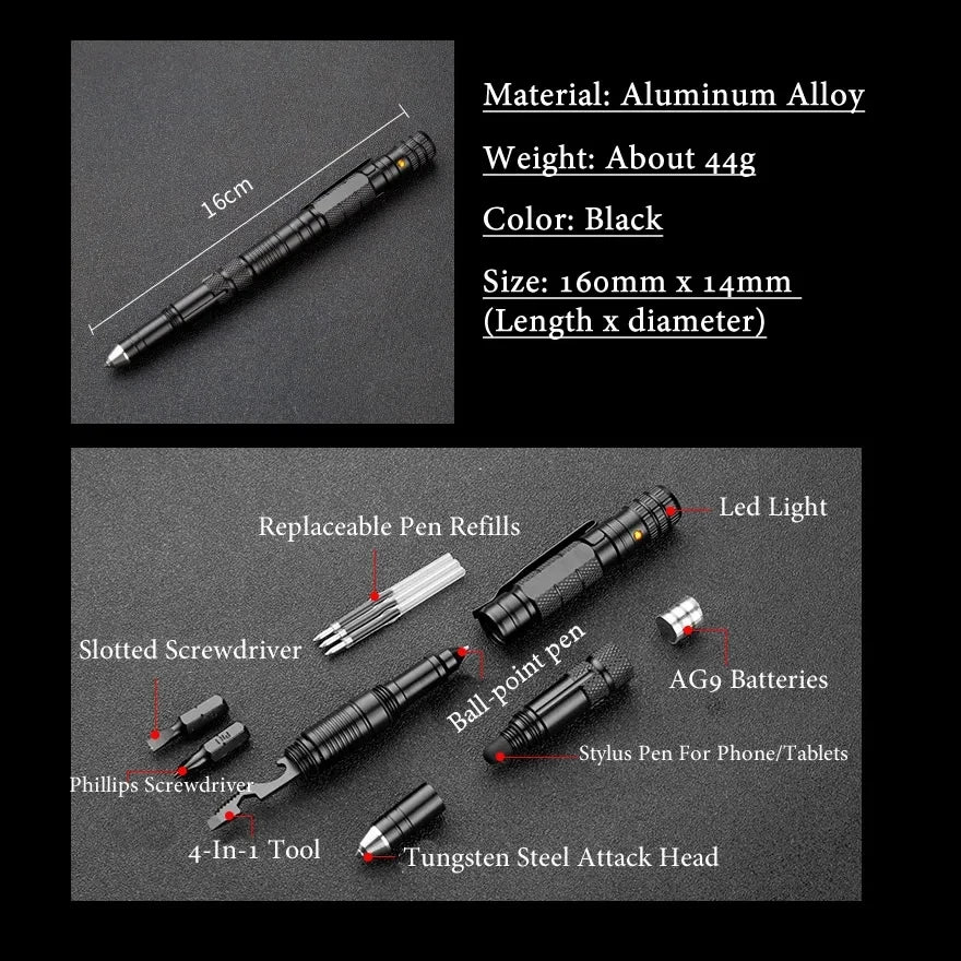 Multifunction Portable 10-In-1 Tactical Pen Outdoor Survival Self Rescue Emergency Flashlight Defense Rescue EDC Protection Tool On Guard Everywhere