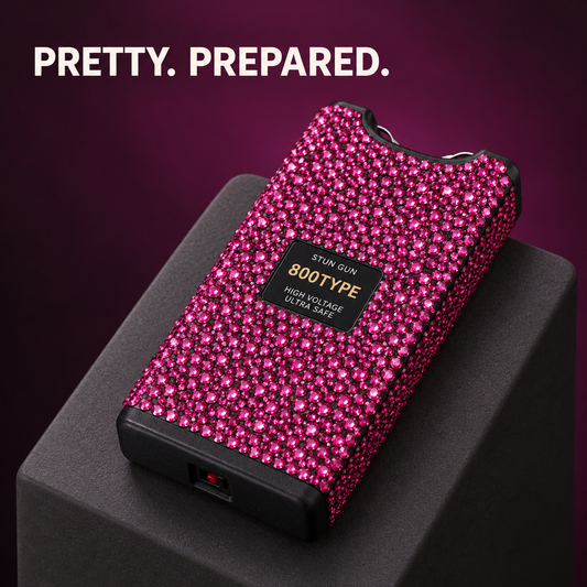 A pink rhinestone-covered stun gun shown at an angle on a dark pedestal, with the text 'PRETTY. PREPARED.